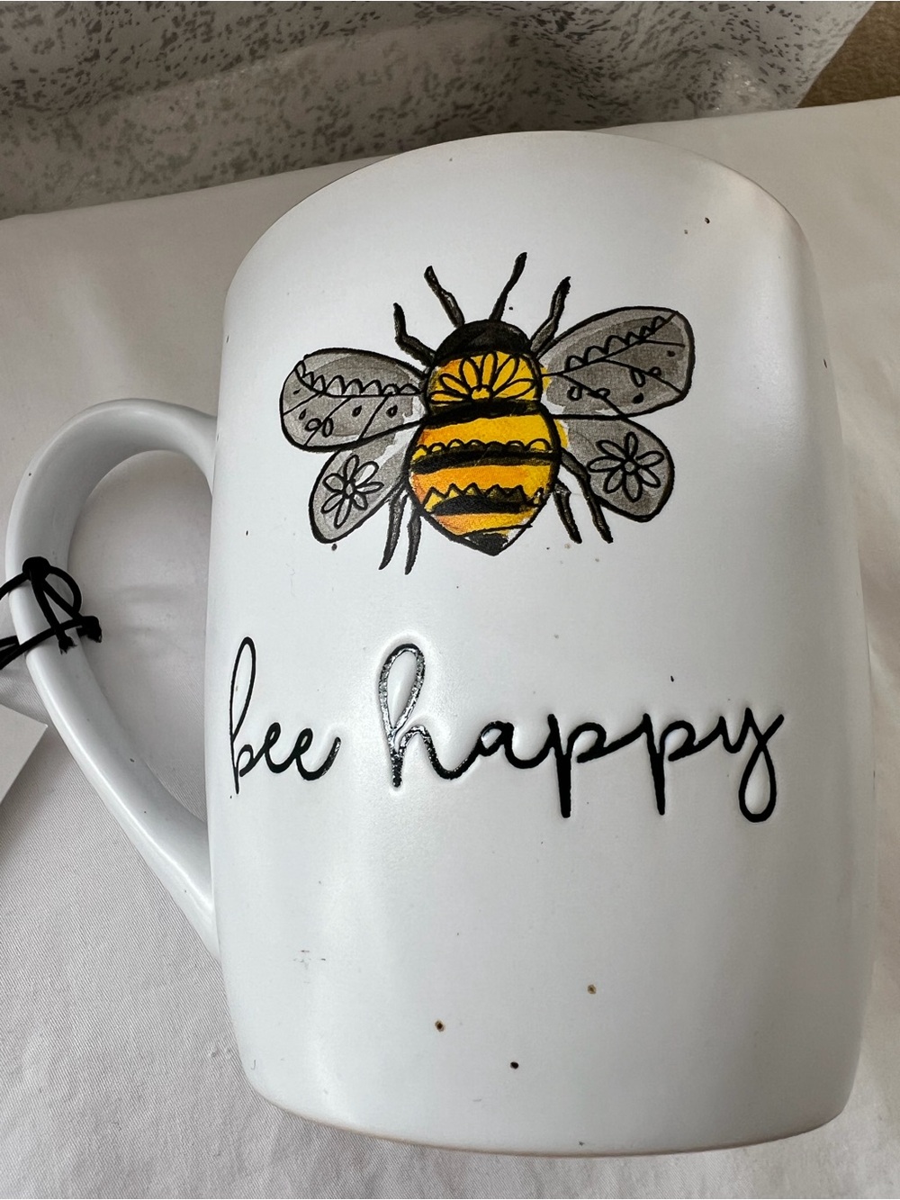 White Ceramic 'Bee Happy' Mug with Yellow Bee Accent